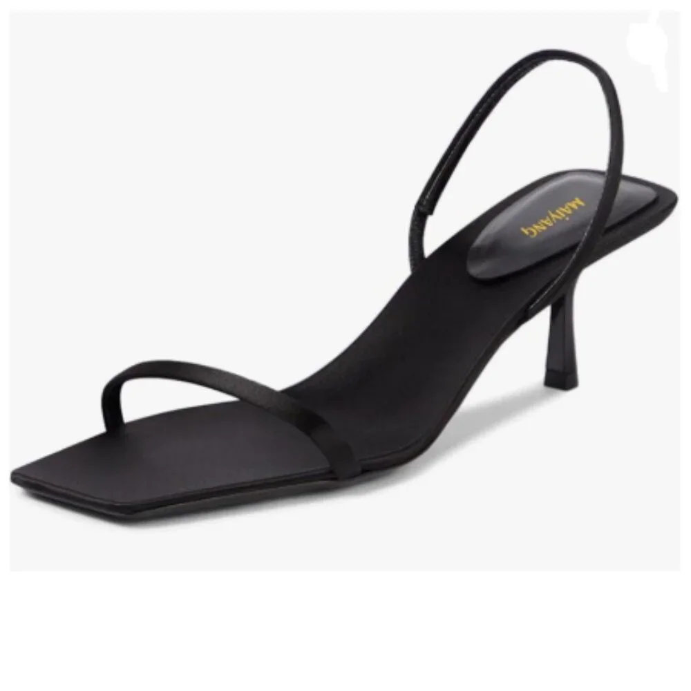 Maiyang Black Open Square Toe Slingback Satin Elastic Backstrap Mid Heel Sandals